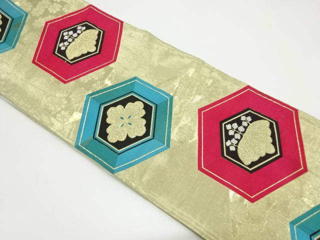 アンティーク　亀甲に桐・花菱模様織り出し袋帯(材料)